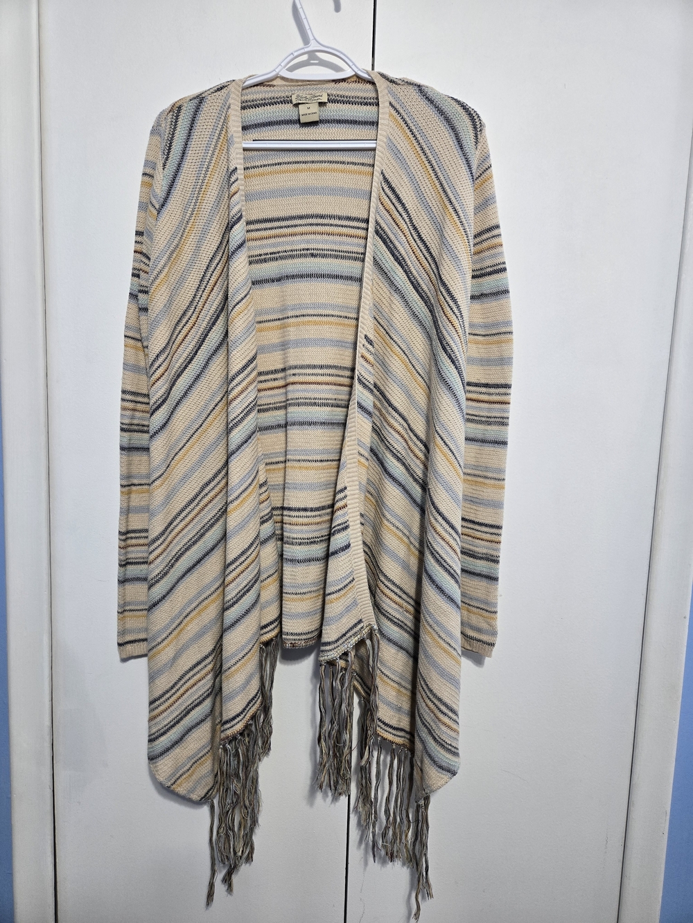 Lucky Brand Live In Love Cardigan M Striped Fringe Waterfall Boho Sweater